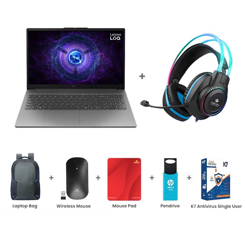 Picture of Lenovo LOQ - 12th Gen  Intel Core i5-12450HX 15.6" (39.6cm) 83LK0031IN Gaming Laptop (12GB/ 512GB SSD/ Full HD IPS Display/ NVIDIA GeForce RTX 2050/ IPS 300nits/ Anti-Glare/ 100% sRGB/ 144Hz/ Windows 11 Home/ 1Year Warranty/ Luna Grey/ 1.77 kg) Zebronics Zeb-Jet Premium Gaming Headphone + Laptop Bag + Wireless Mouse + Mouse Pad + Pendrive + K7 Antivirus Single User